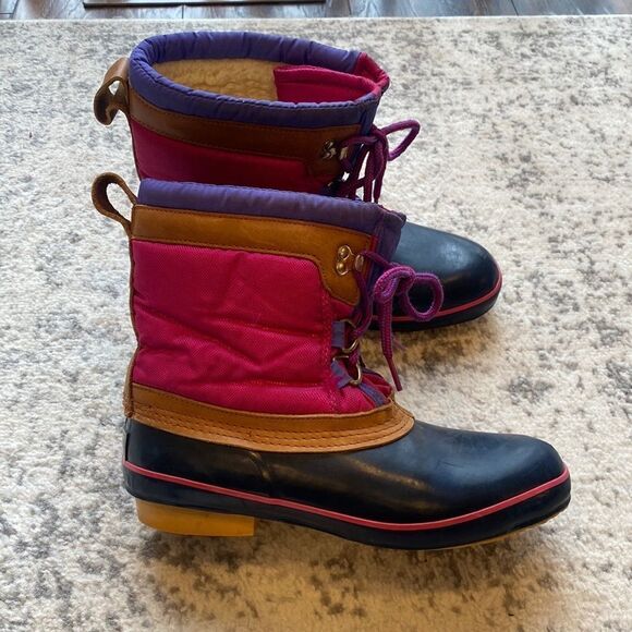 Vtg Made in Korea Lands End duck boots EUC navy pink purple with brown leather - Picture 1 of 11